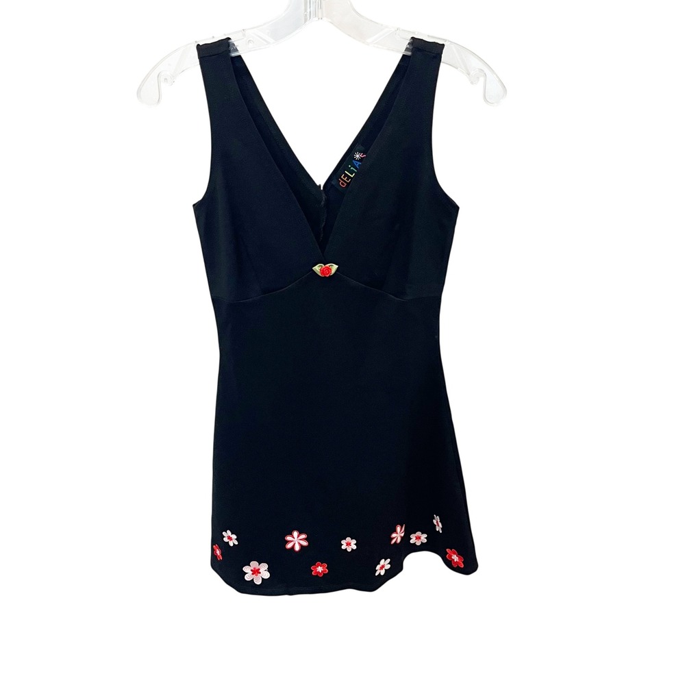 Dolls Kill x Delias Black Floral Embroidered Mini Dress Rose Detail A-Line - XS